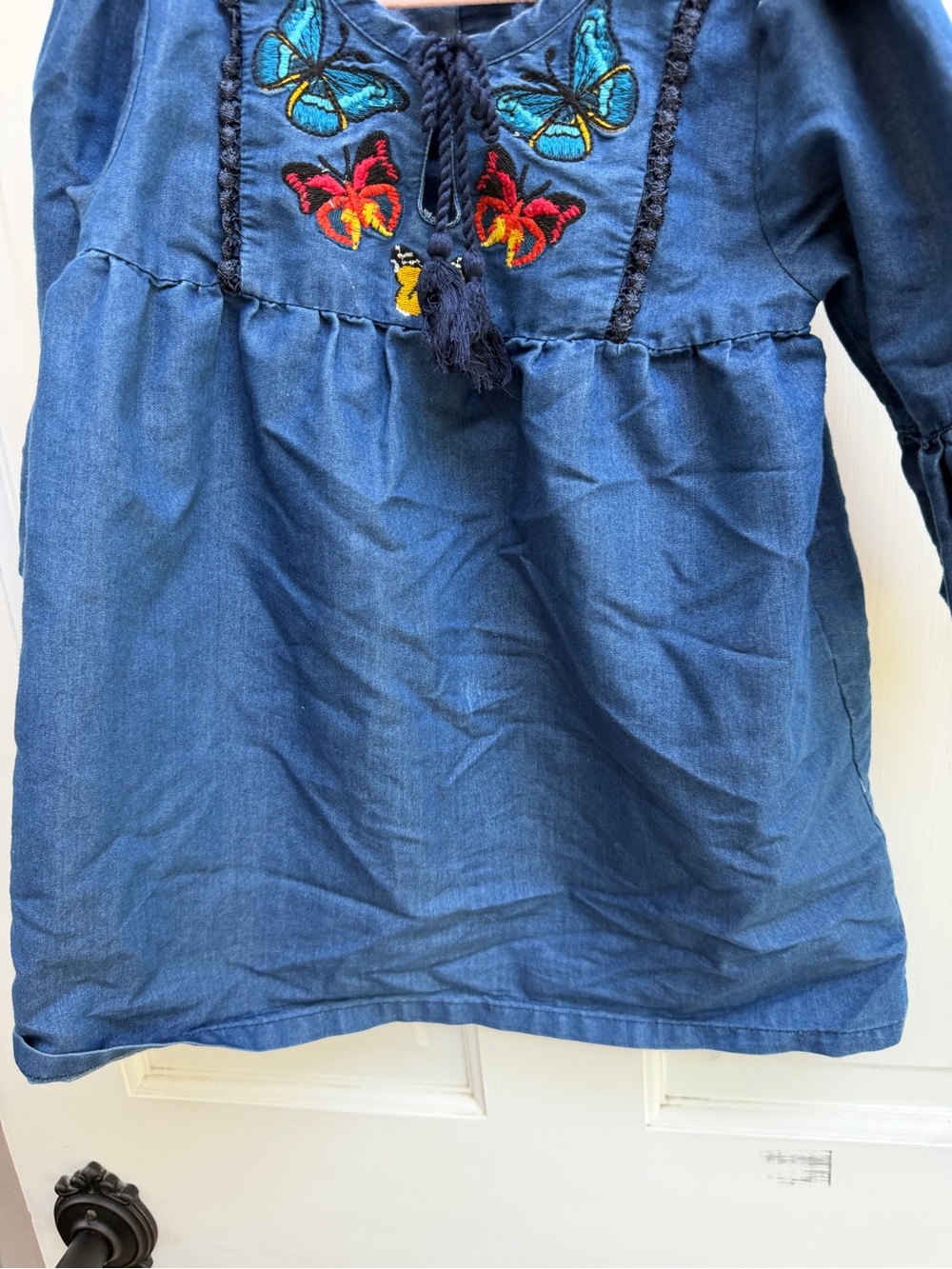Dollhouse Girls 4 Denim-Blue Embroidered Butterfly Tunic Long Sleeve Blouse Top - Picture 6 of 7
